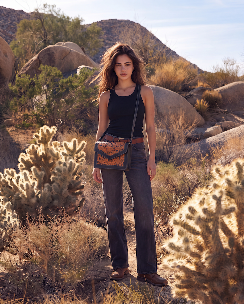 Two Tone Hand Tooled Leather Flap Bag – AB97 – Condor