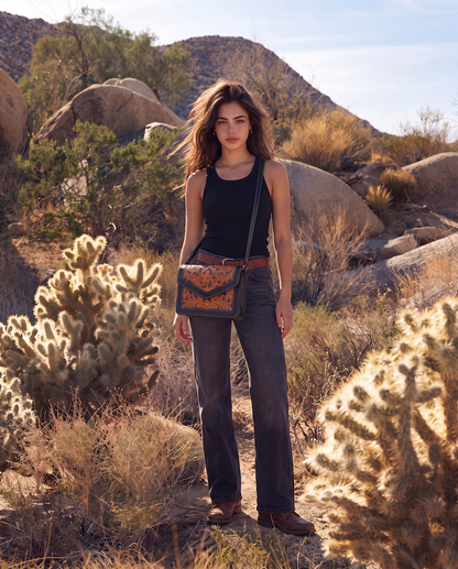 Two Tone Hand Tooled Leather Flap Bag – AB97 – Condor