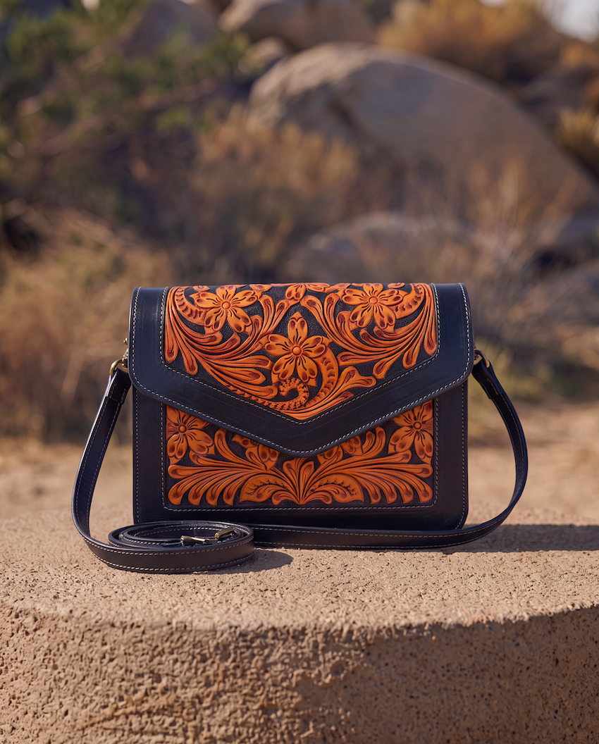 Two Tone Hand Tooled Leather Flap Bag – AB97 – Condor