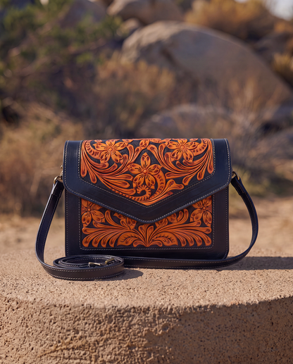 Two Tone Hand Tooled Leather Flap Bag – AB97 – Condor