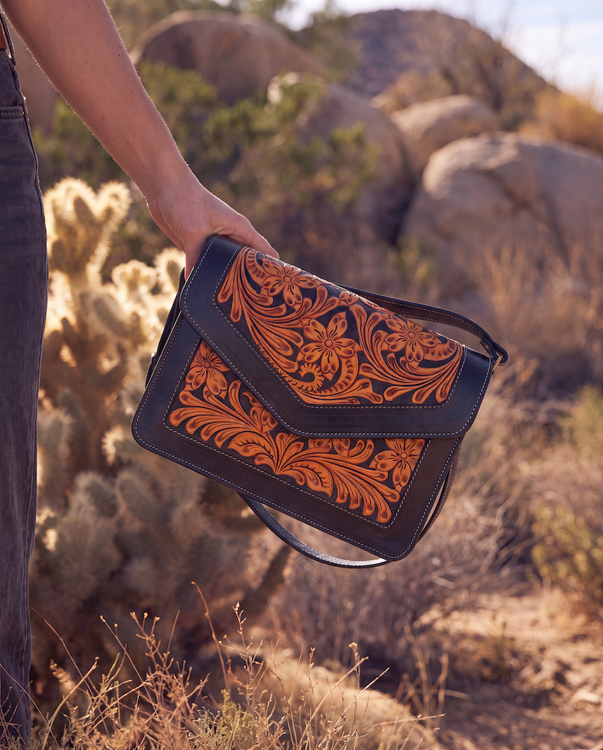 Two Tone Hand Tooled Leather Flap Bag – AB97 – Condor