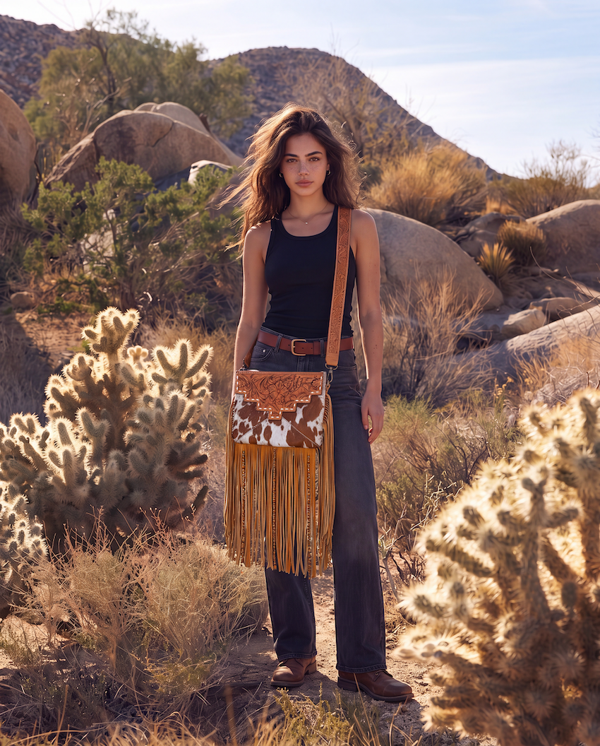 Tooling Leather Cowhide Sling Bag with Fringes and Buckstitch – AB98 – Machala