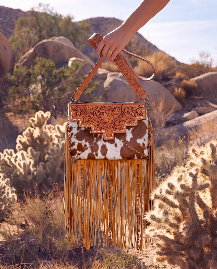 Tooling Leather Cowhide Sling Bag with Fringes and Buckstitch – AB98 – Machala