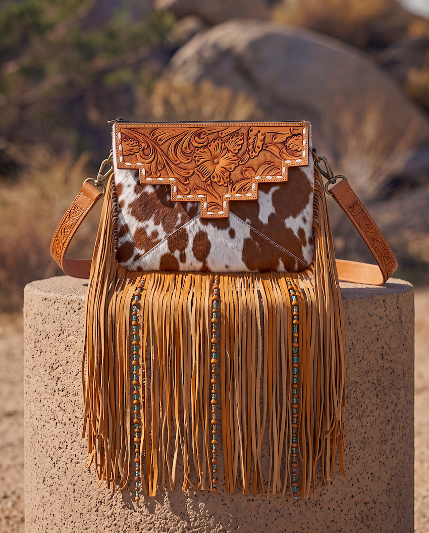 Tooling Leather Cowhide Sling Bag with Fringes and Buckstitch – AB98 – Machala