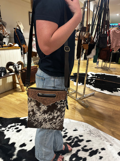 Sundance hide &amp; tooled leather handbag 