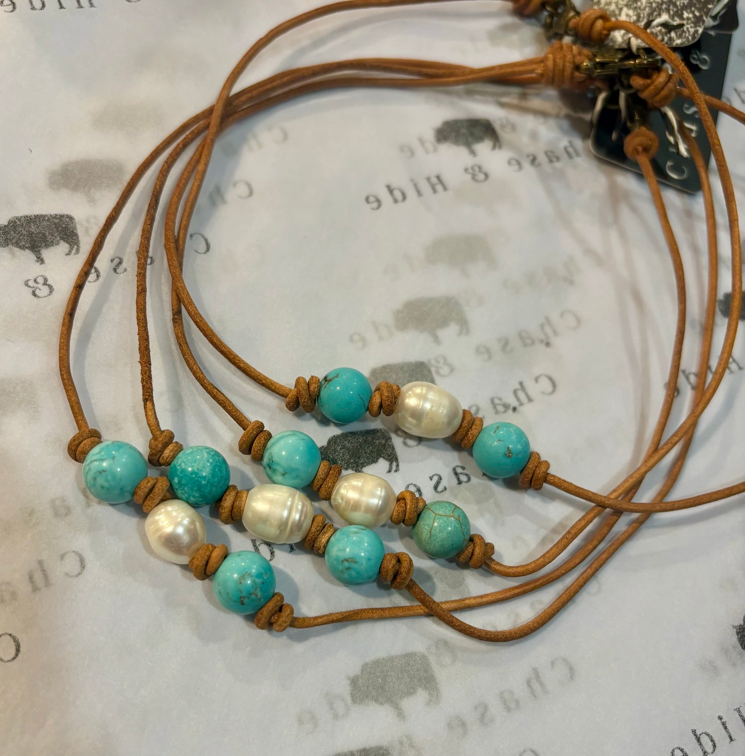 Turquoise and pearl Light tan leather necklace 