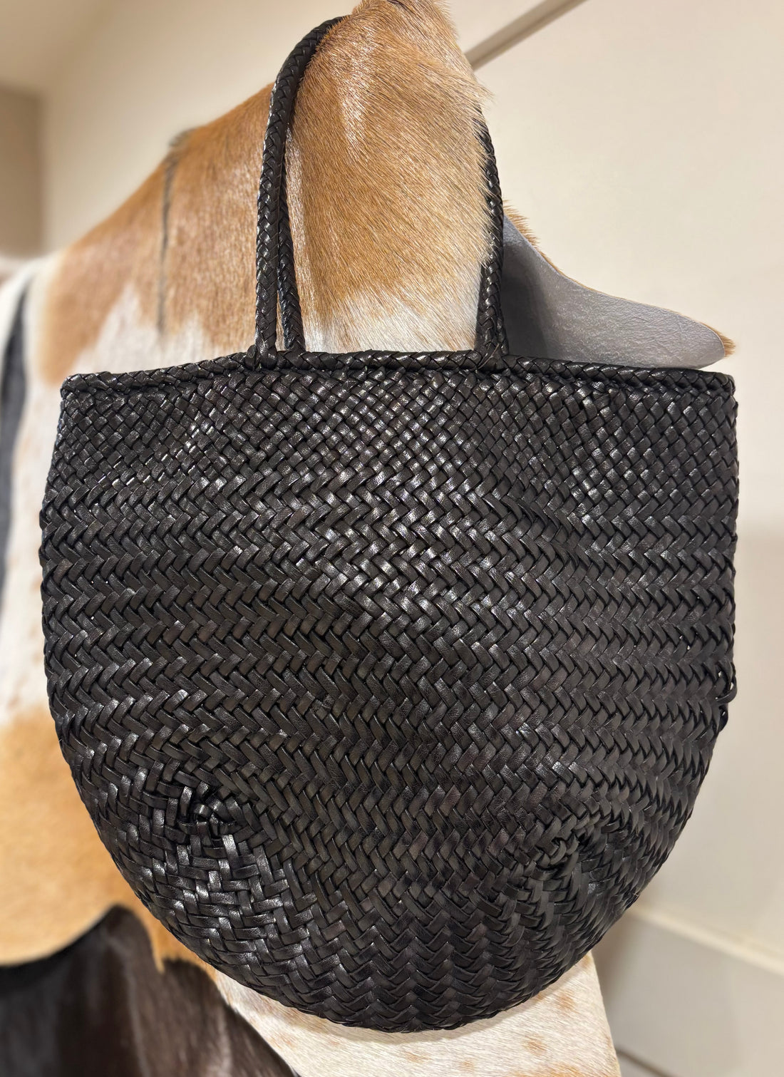 black leather weave bag