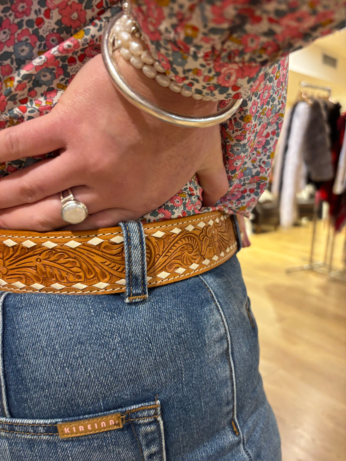 Tan stitched tooling leather belt 