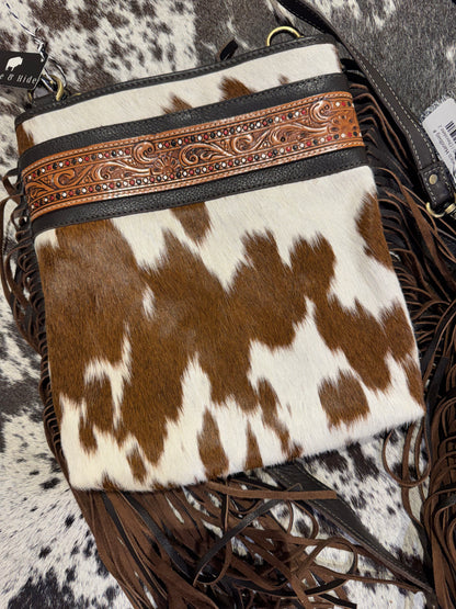 Hand Painted Tooling Leather Medium Sling Cowhide Bag With Fringes – AB72