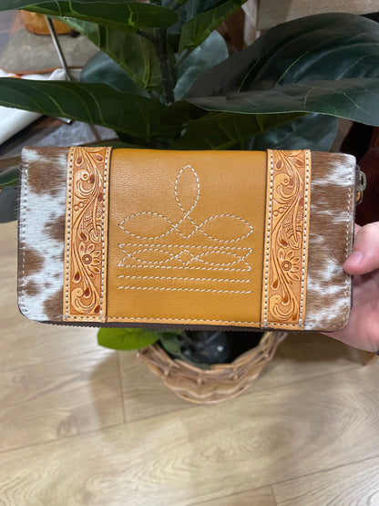 Cowhide and tooling leather boot stitch zippered wallet 