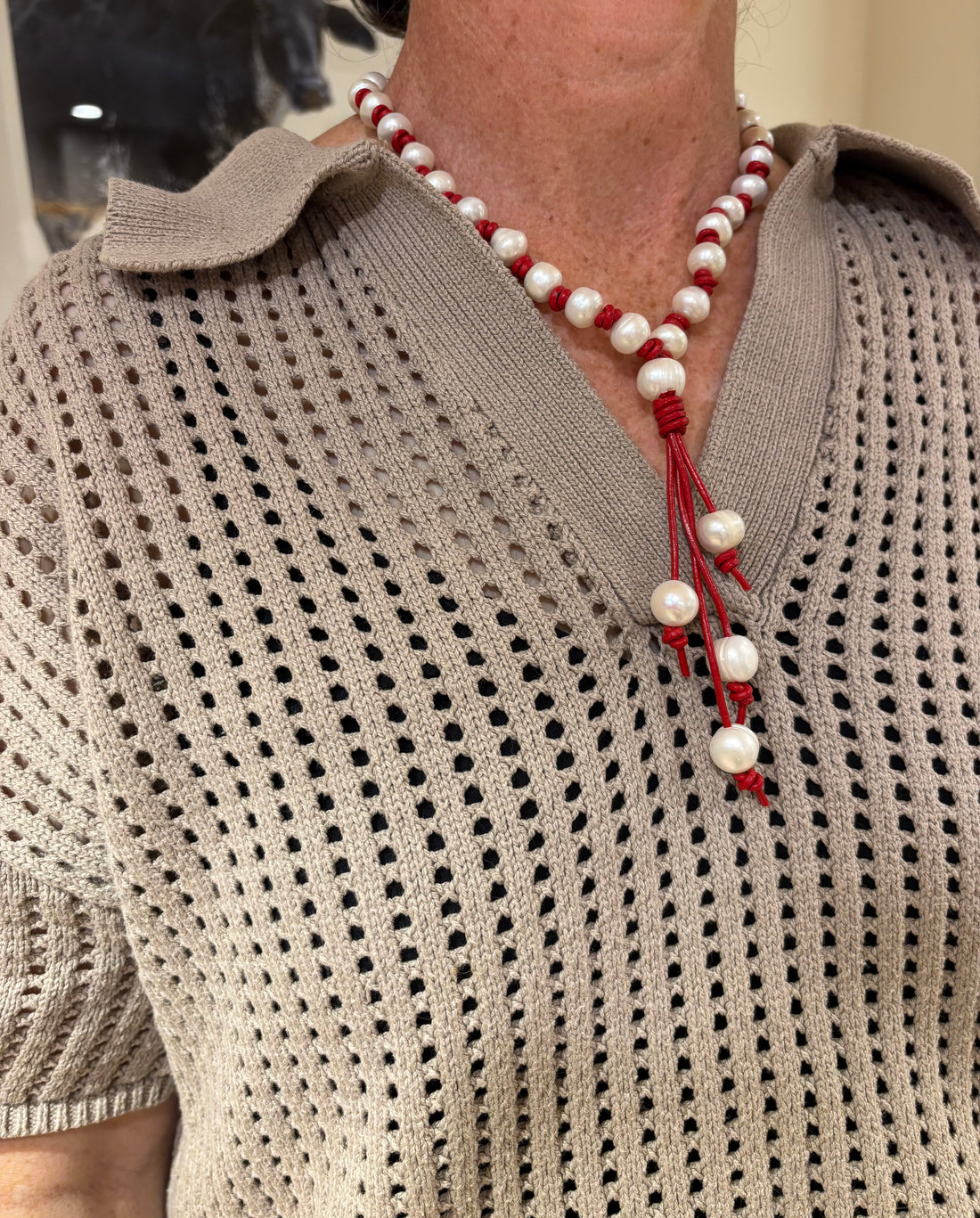 Pearl and leather necklace Red  