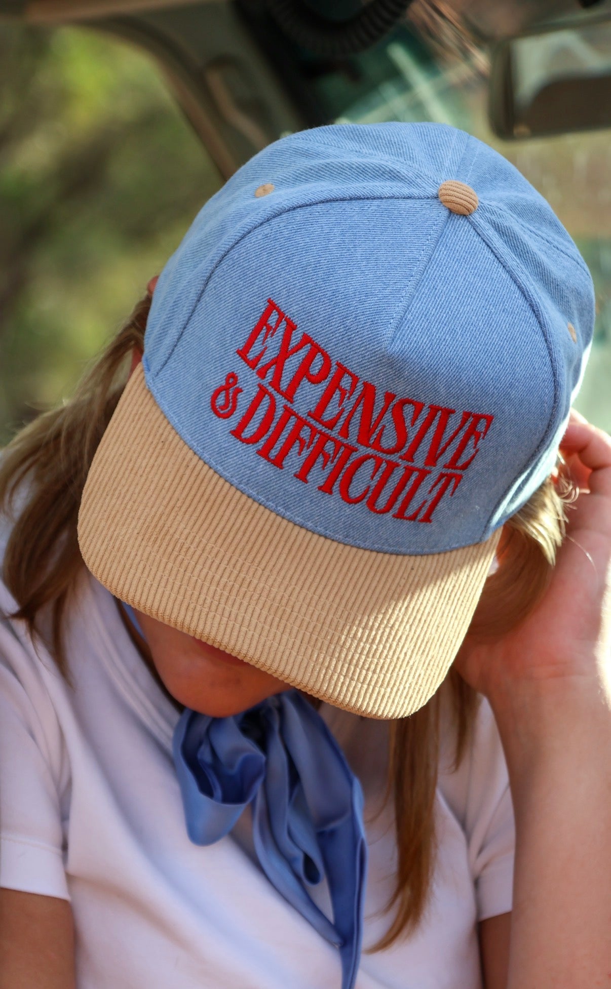 EXPENSIVE DIFFICULT Denim Corduroy Trucker Hat