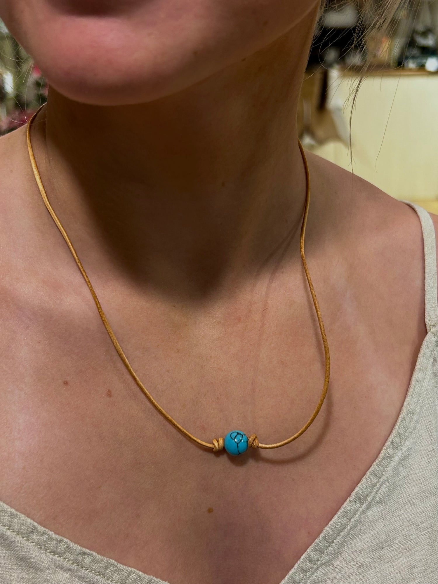 Turquoise and Light Tan leather necklace 