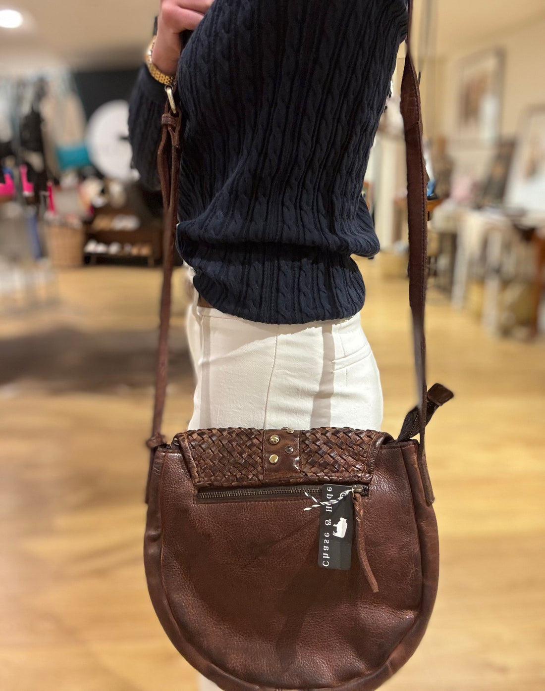 Leather weave gold stud handbag 