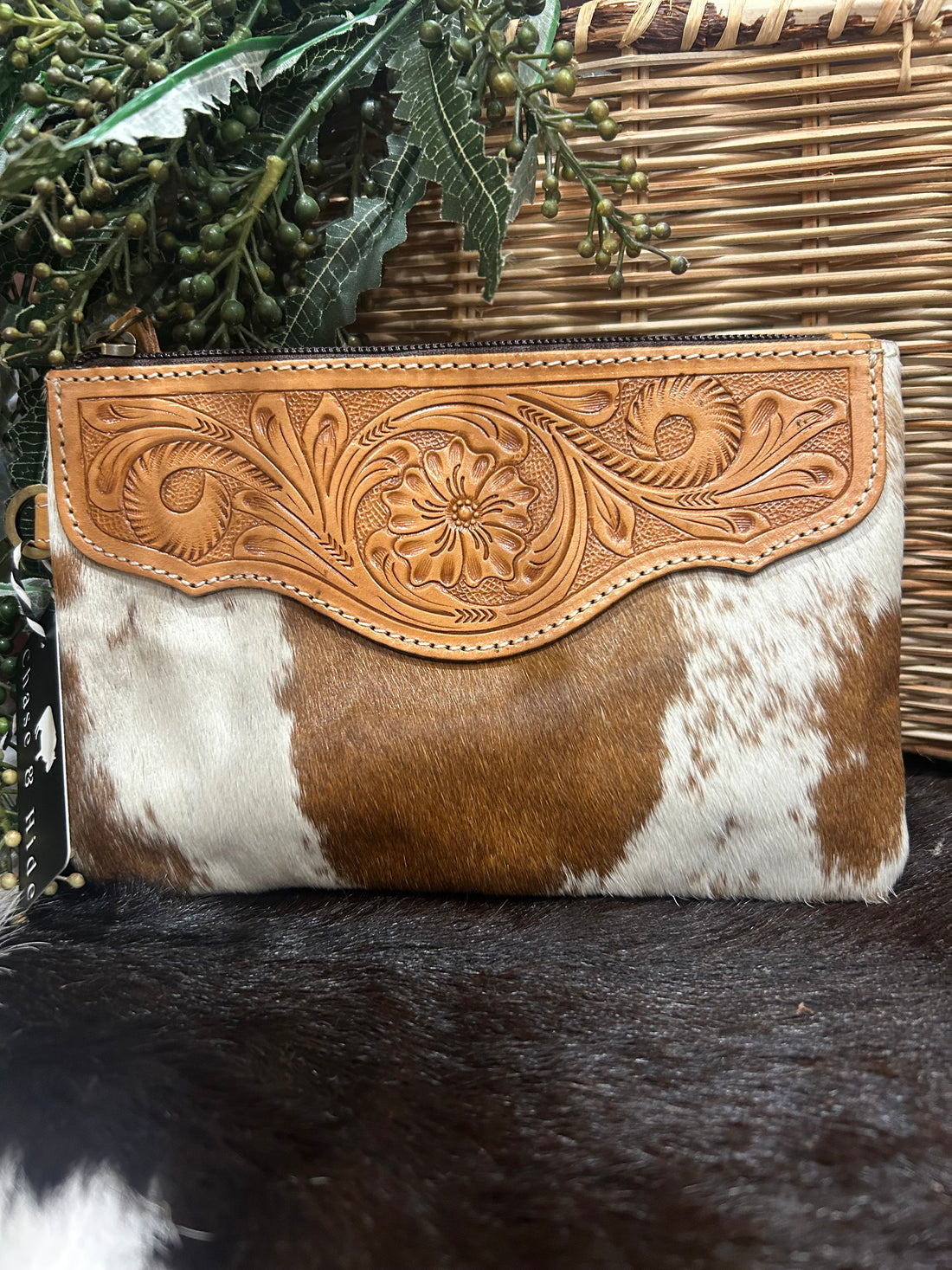 Mia Hide &amp; Tooled Leather Clutch 