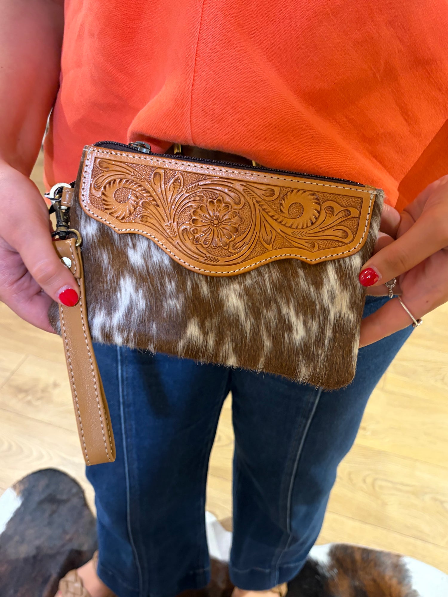 Mia Hide &amp; Tooled Leather Clutch 