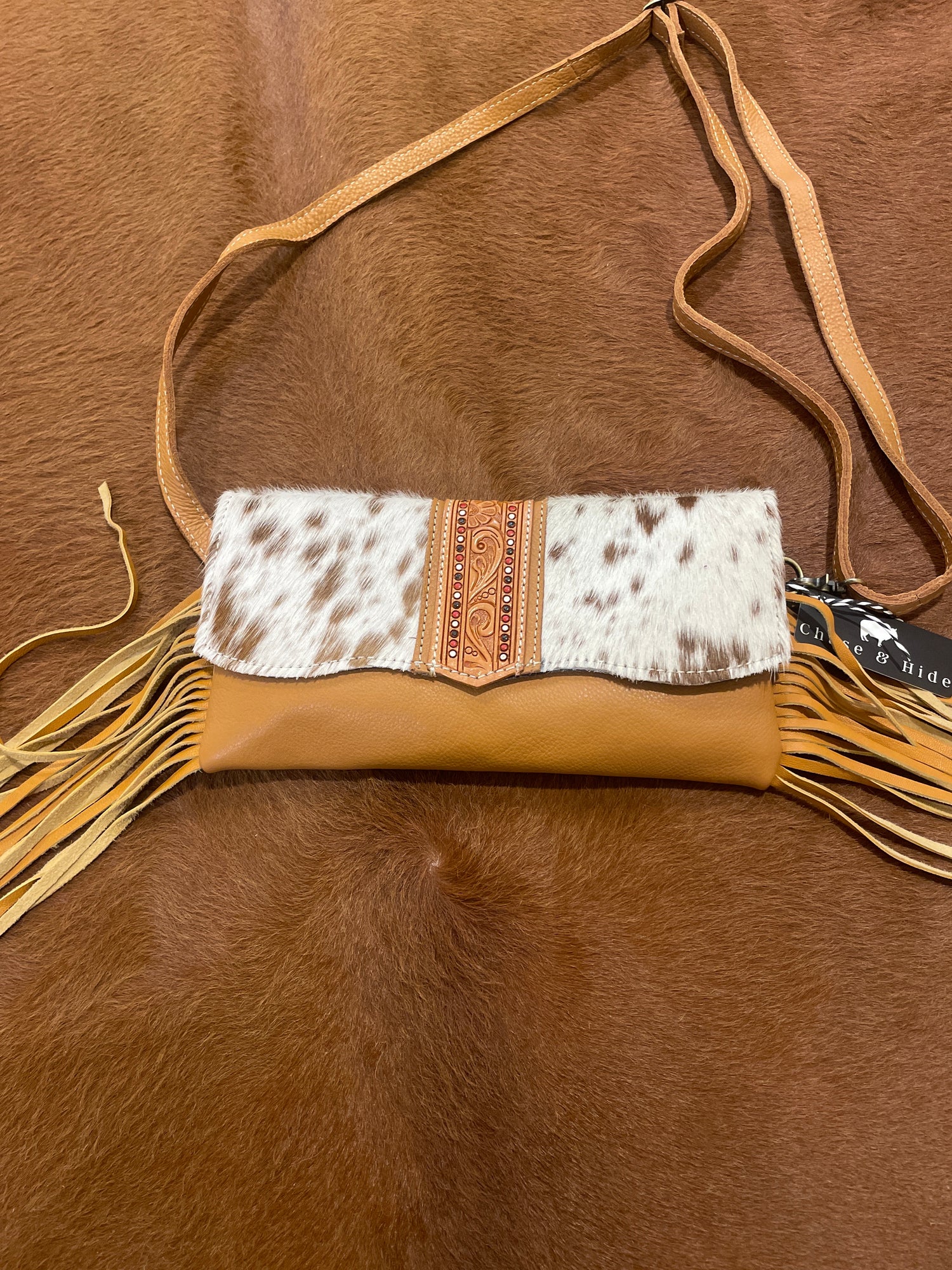 Hand Painted Tooling Leather Flap Cowhide Bag With Fringes – AB74