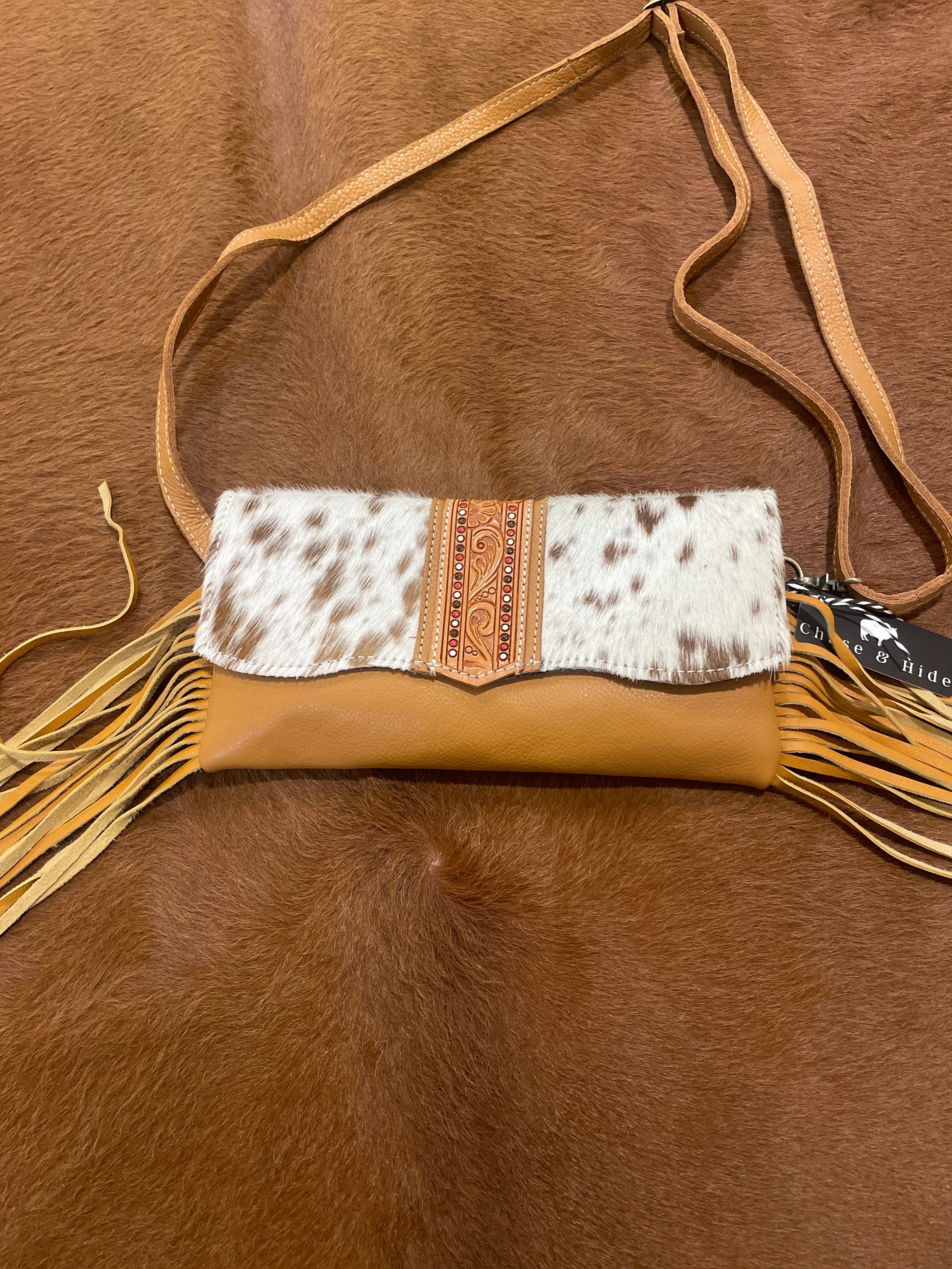 Hand Painted Tooling Leather Flap Cowhide Bag With Fringes – AB74