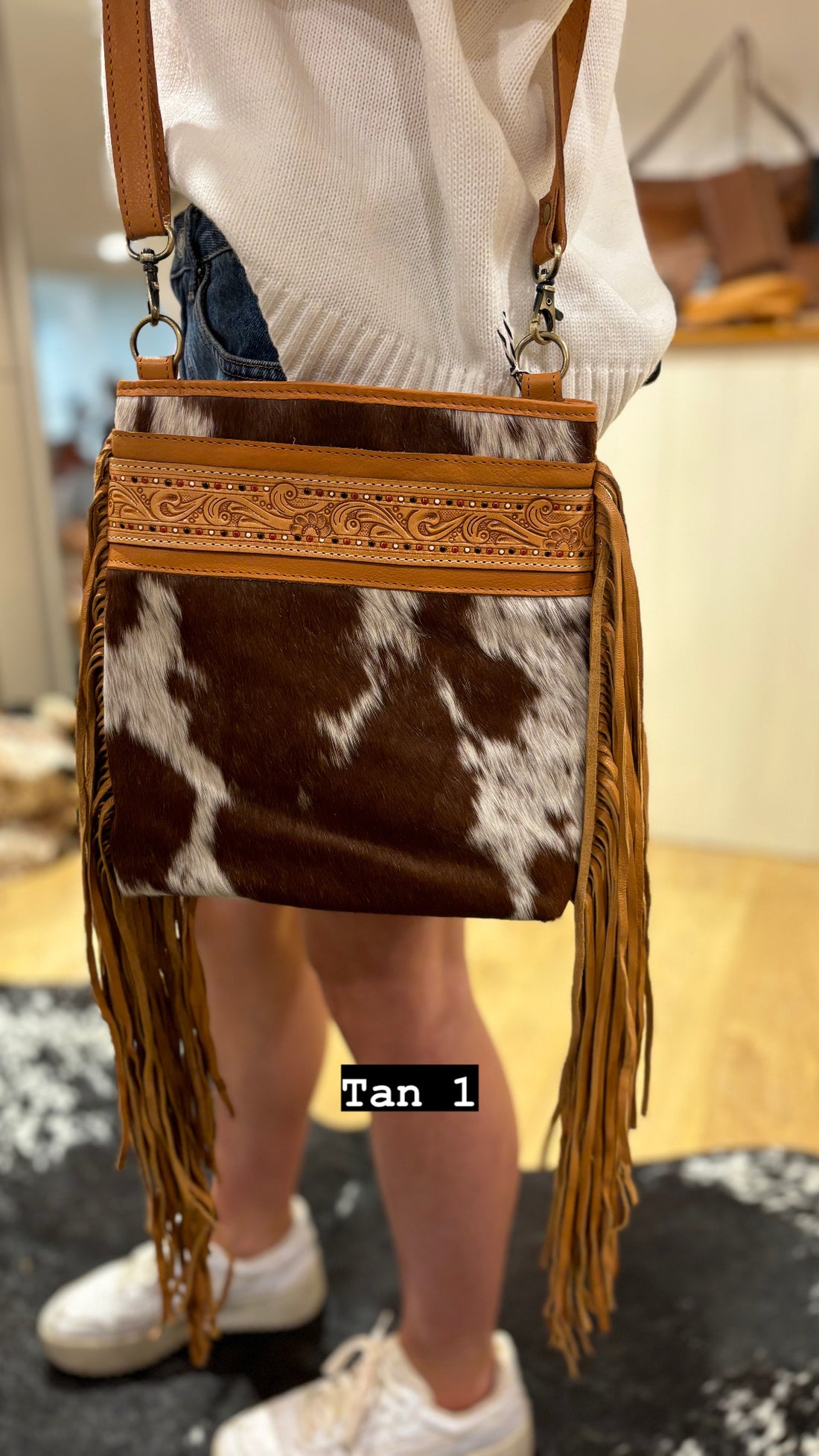 Hand Painted Tooling Leather Medium Sling Cowhide Bag With Fringes – AB72