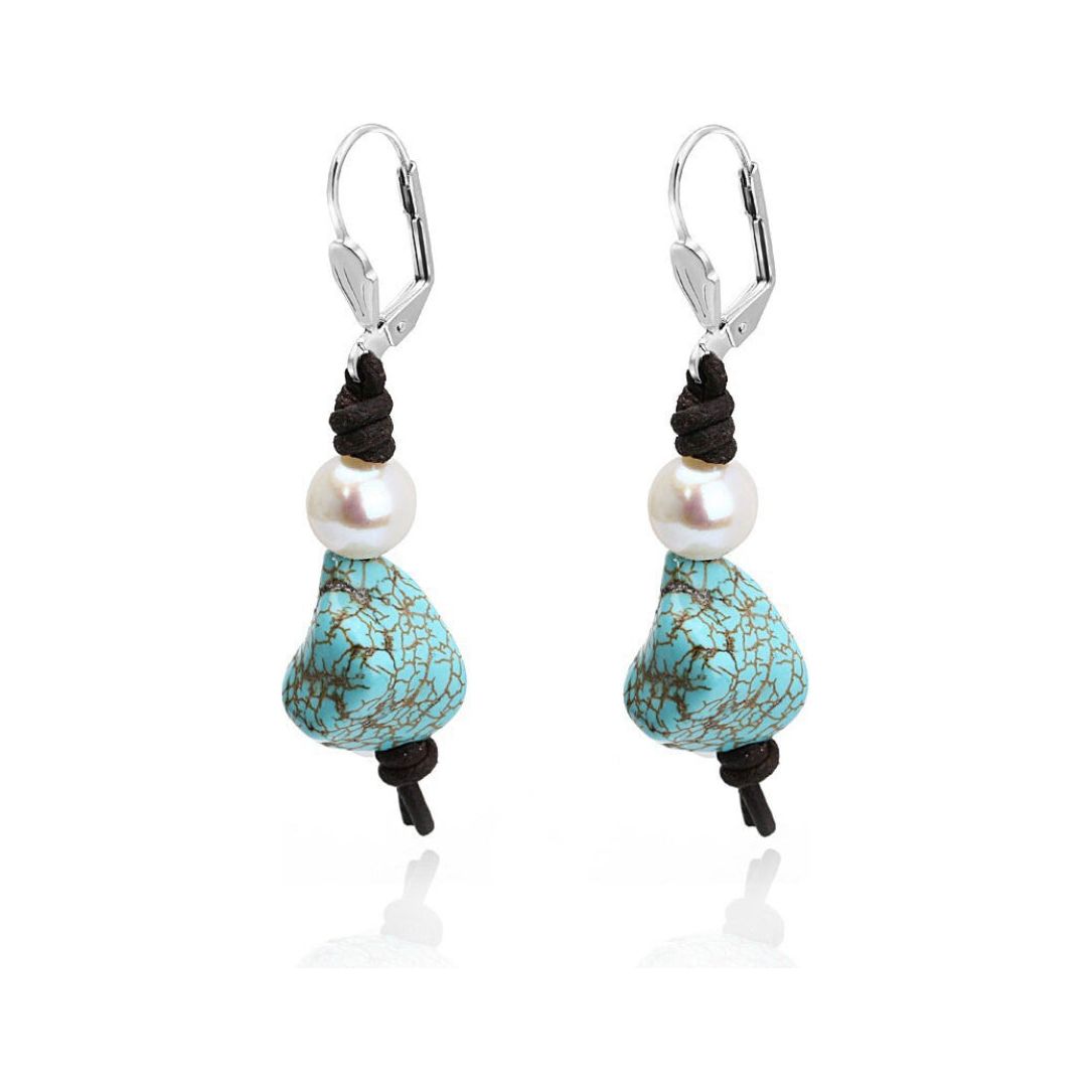 Pearl and Turquoise on leather earrings 