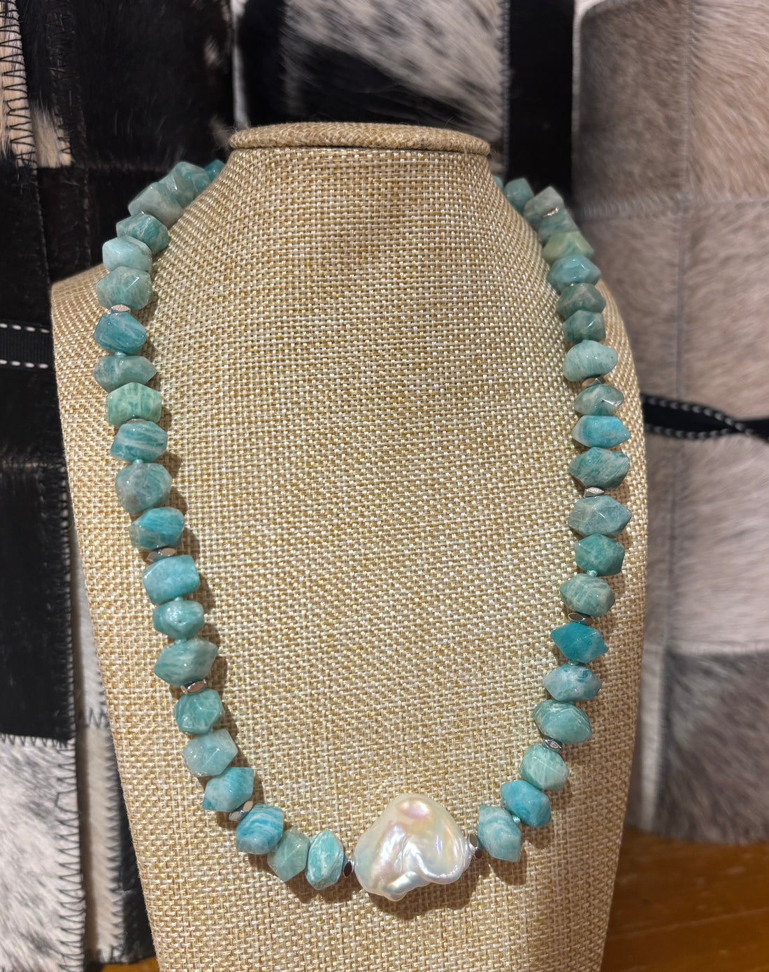 Faceted natural Amazonite and fresh water Keshi Pearl