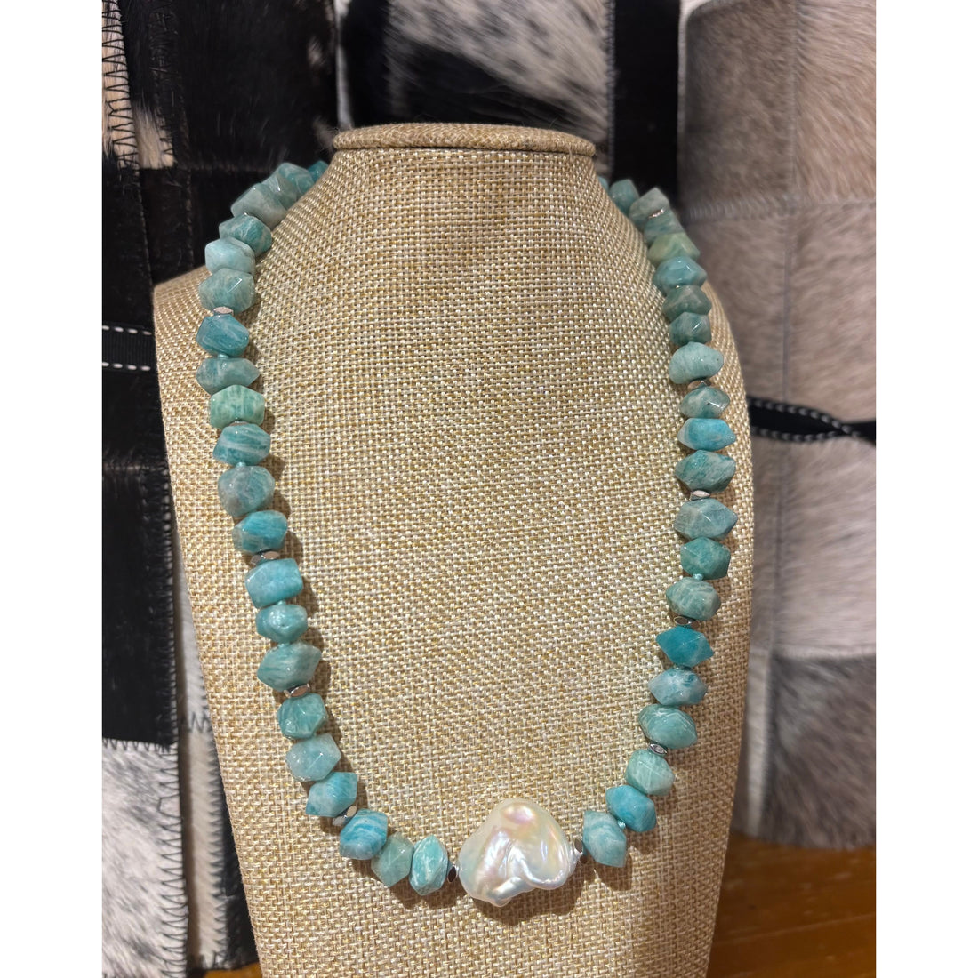 Faceted natural Amazonite and fresh water Keshi Pearl