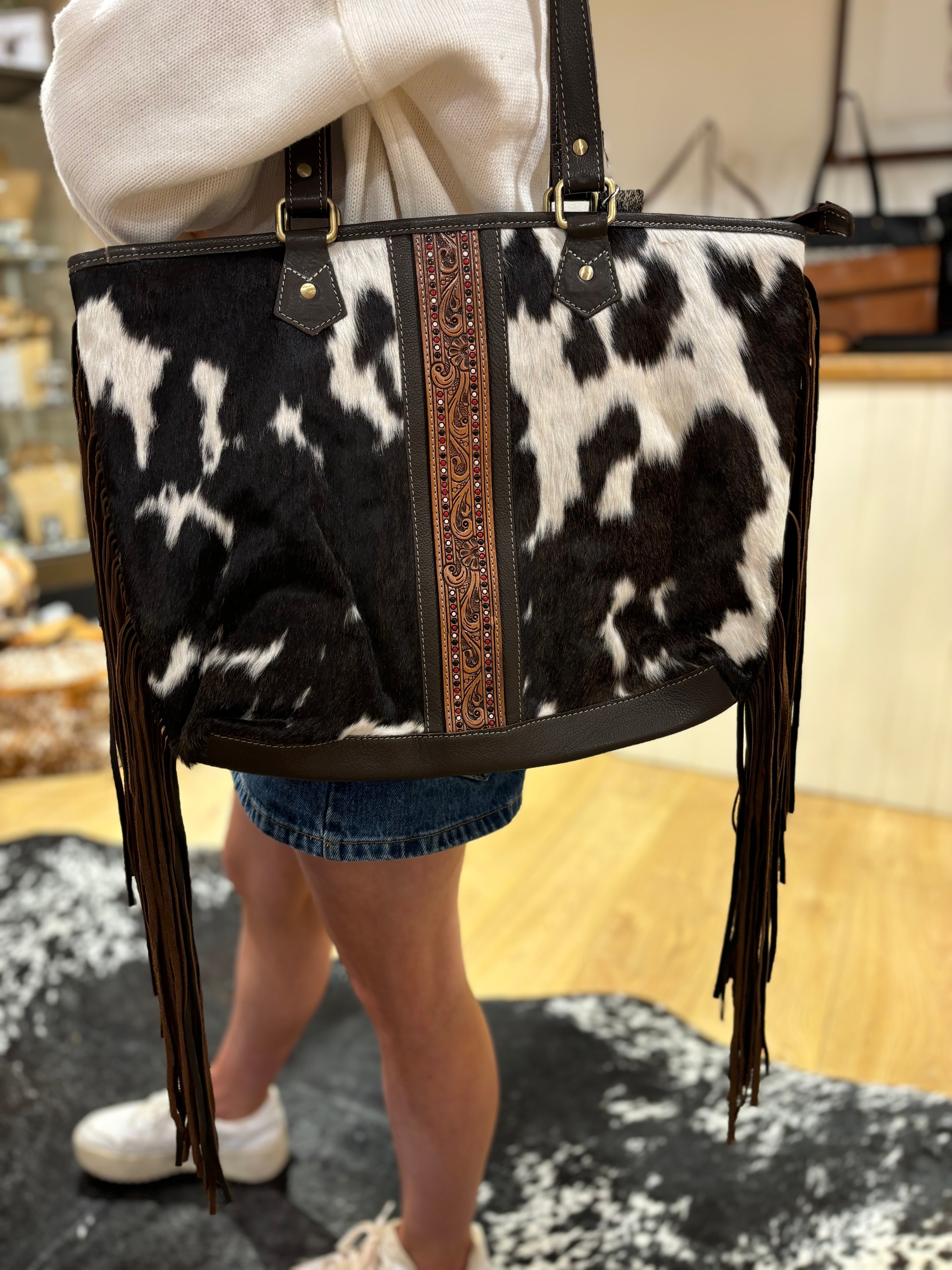 Hand Painted Tooling Leather Big Cowhide Bag With Fringes – AB73