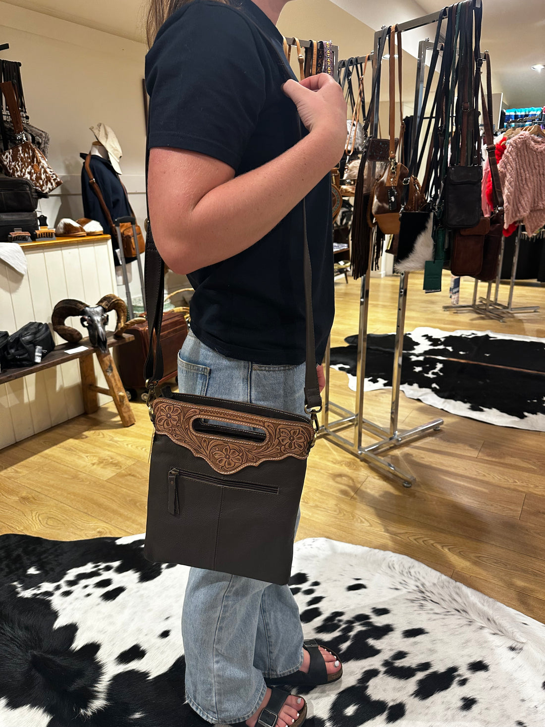 Sundance hide &amp; tooled leather handbag 