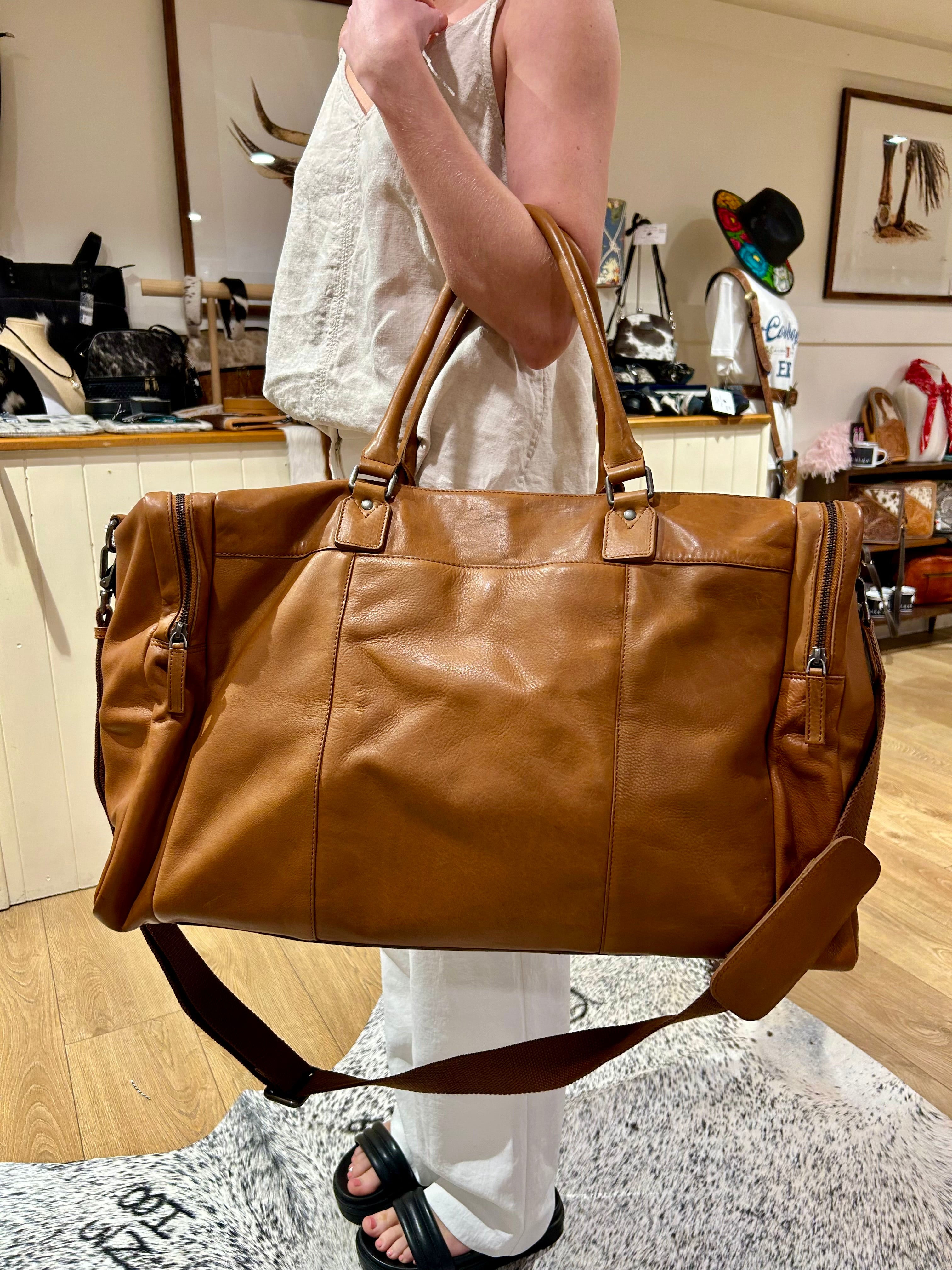 Tan Leather Overnight Bag 