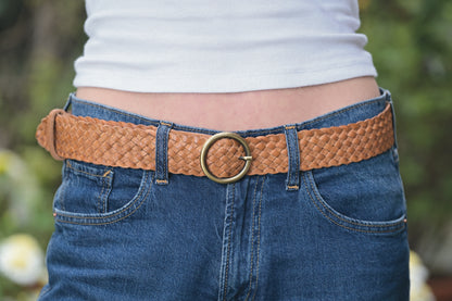 Woven washed leather belt 