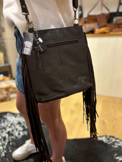 Hand Painted Tooling Leather Medium Sling Cowhide Bag With Fringes – AB72