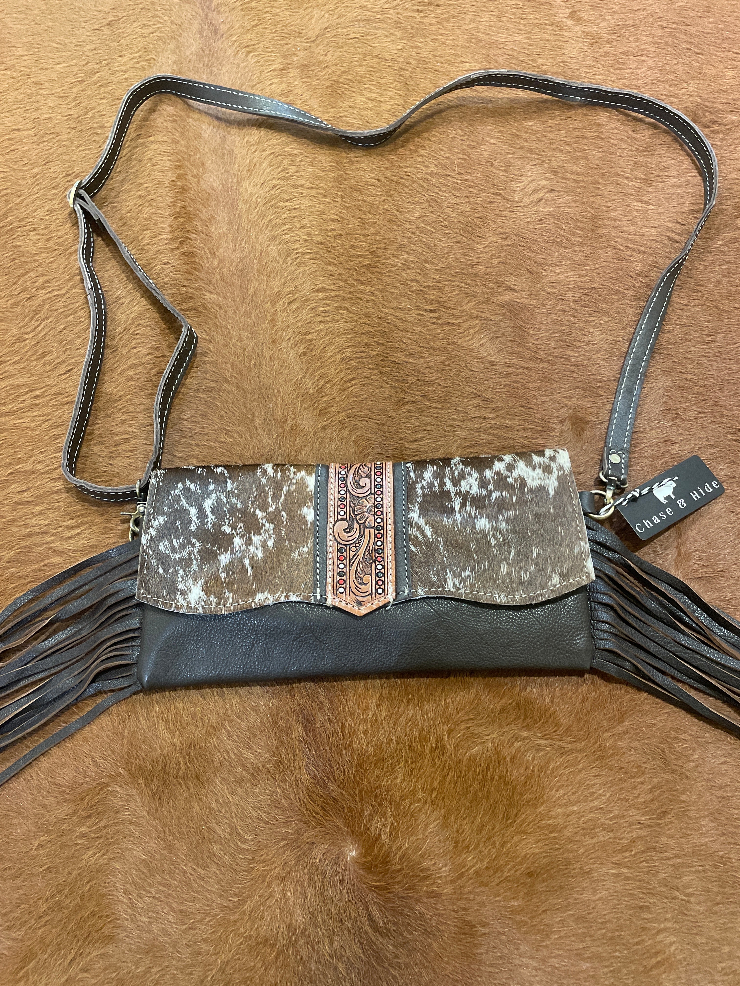 Hand Painted Tooling Leather Flap Cowhide Bag With Fringes – AB74