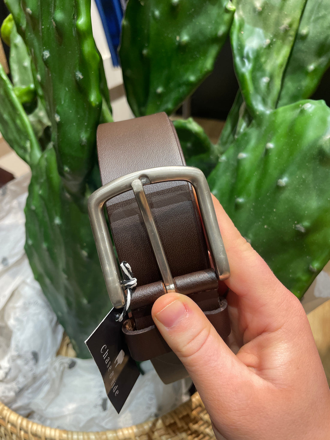 Leather Belt with Large Silver Buckle