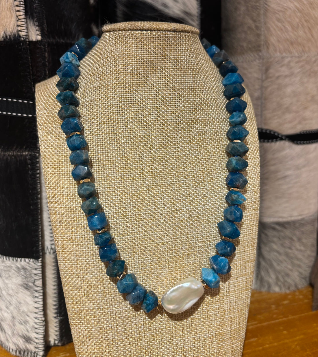 Faceted natural apatite and fresh water Keshi pearl