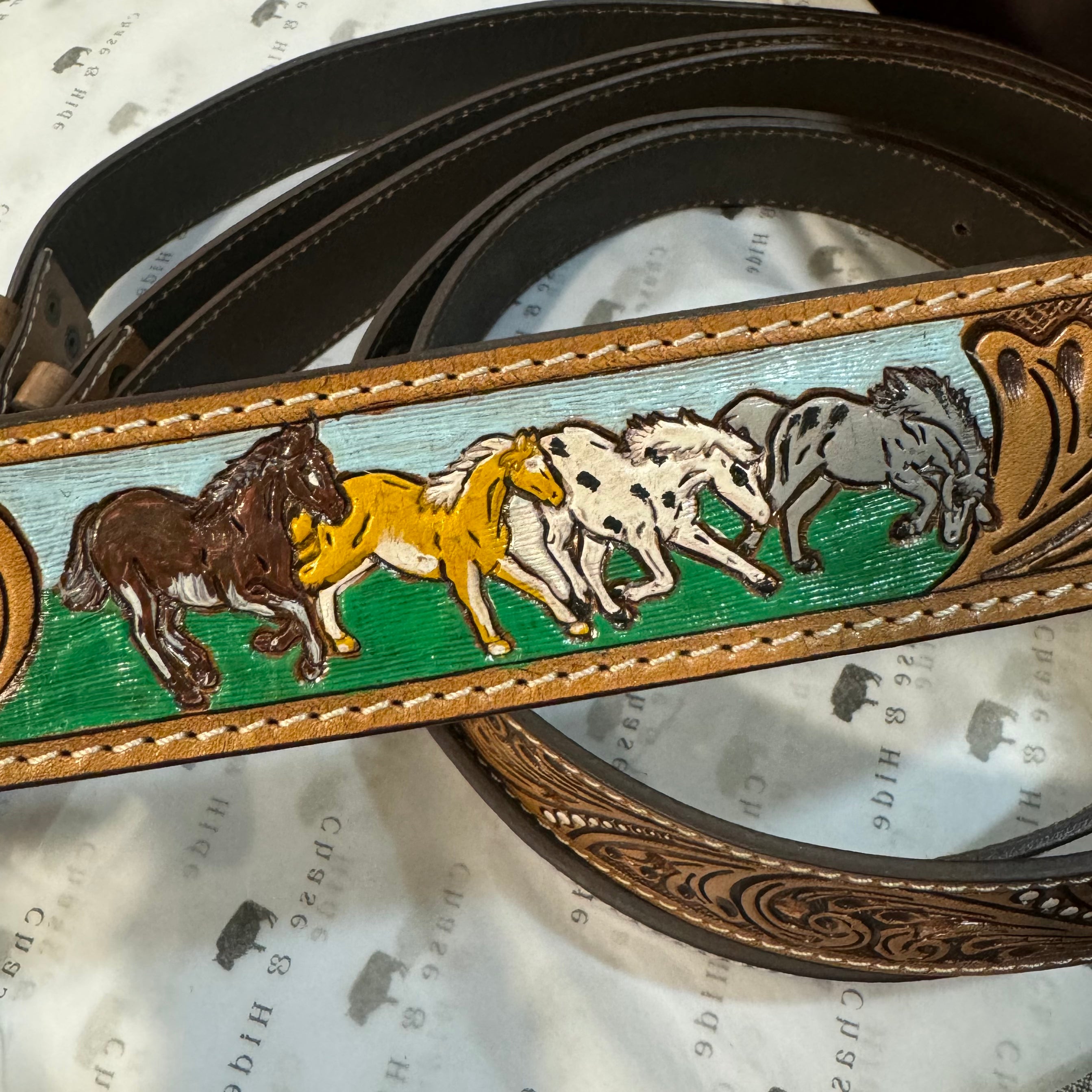 Tooling Leather Belt with Removable Buckle and Horse Paint