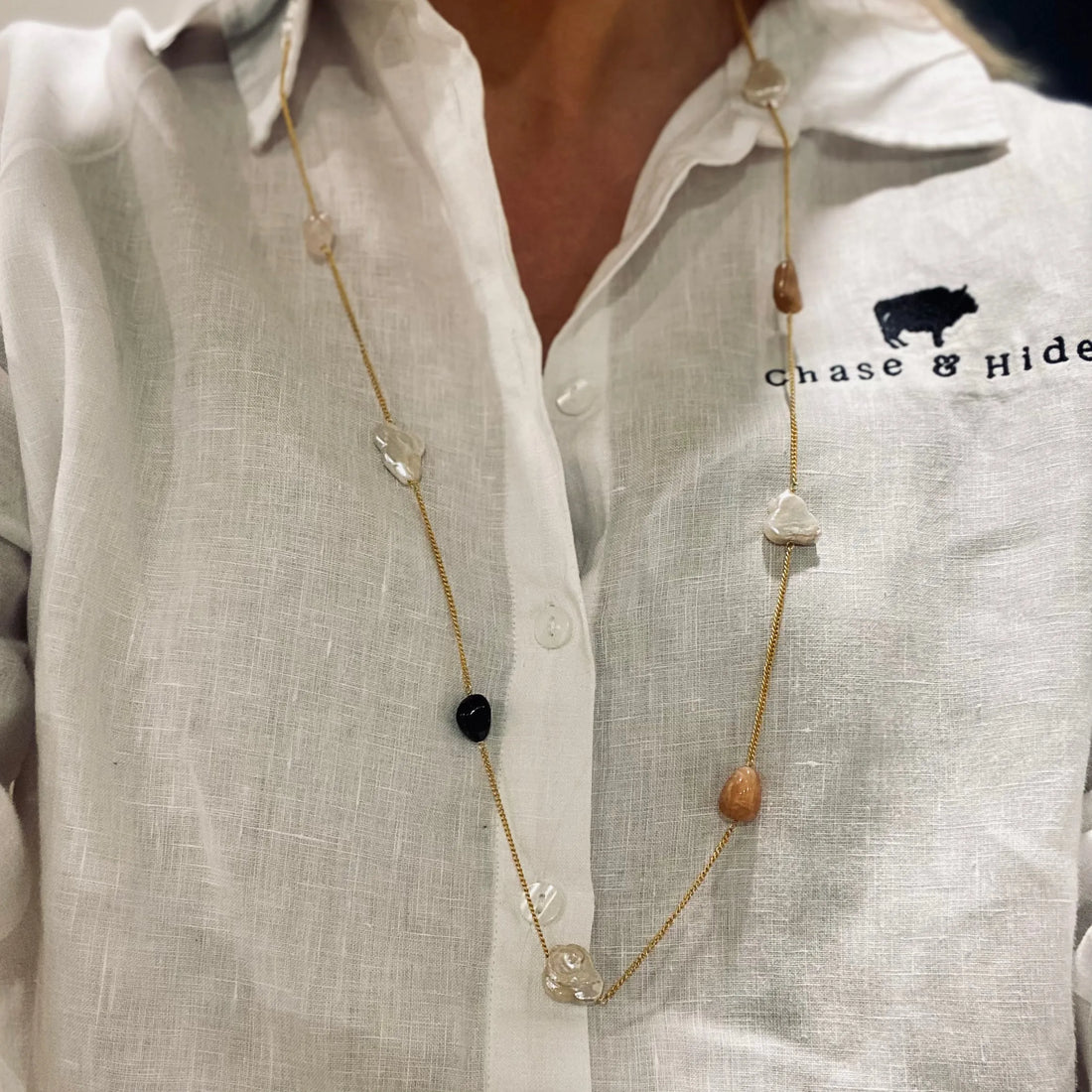 Pearl & Stones on gold necklace