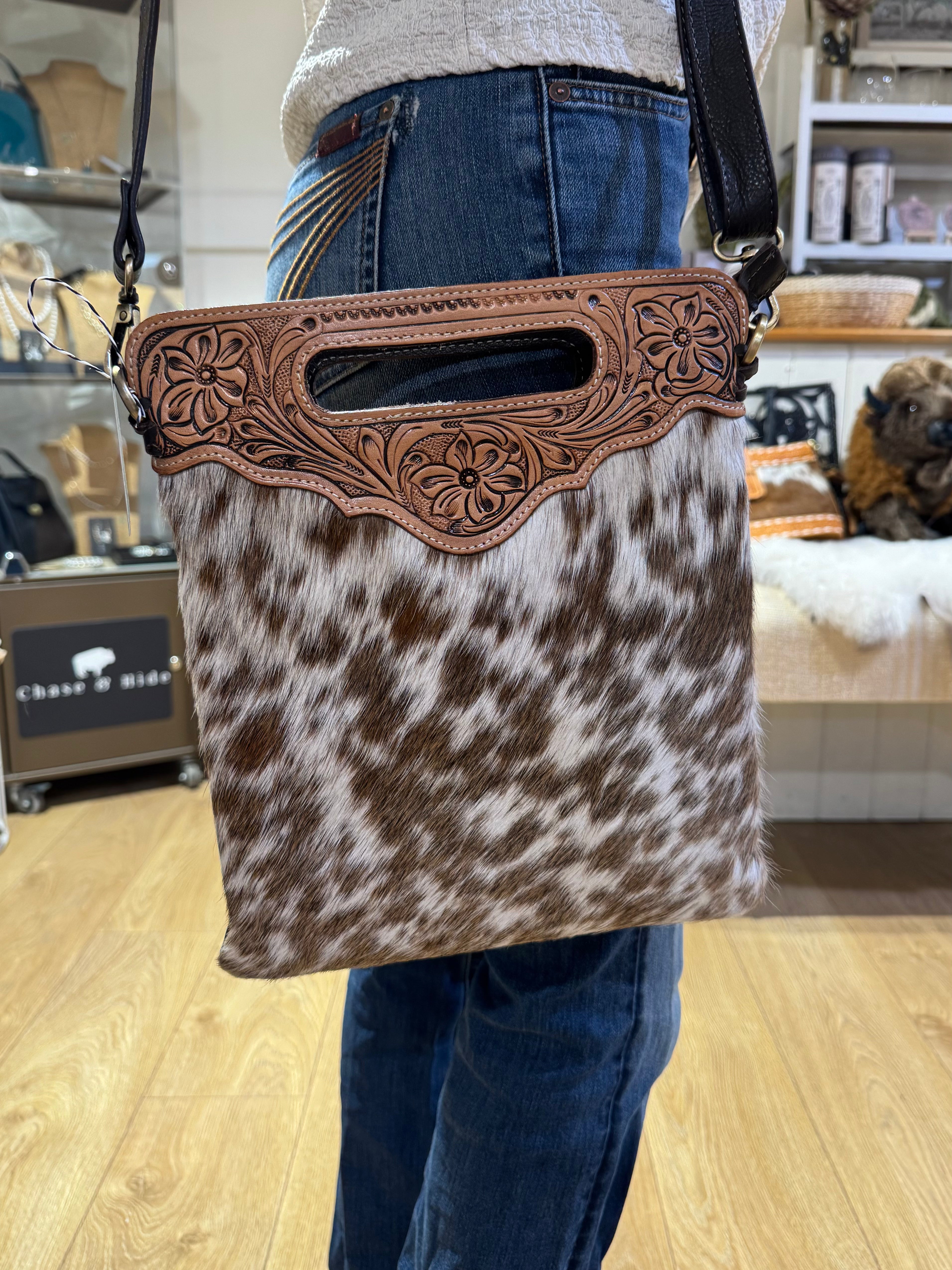 Sundance hide &amp; tooled leather handbag 