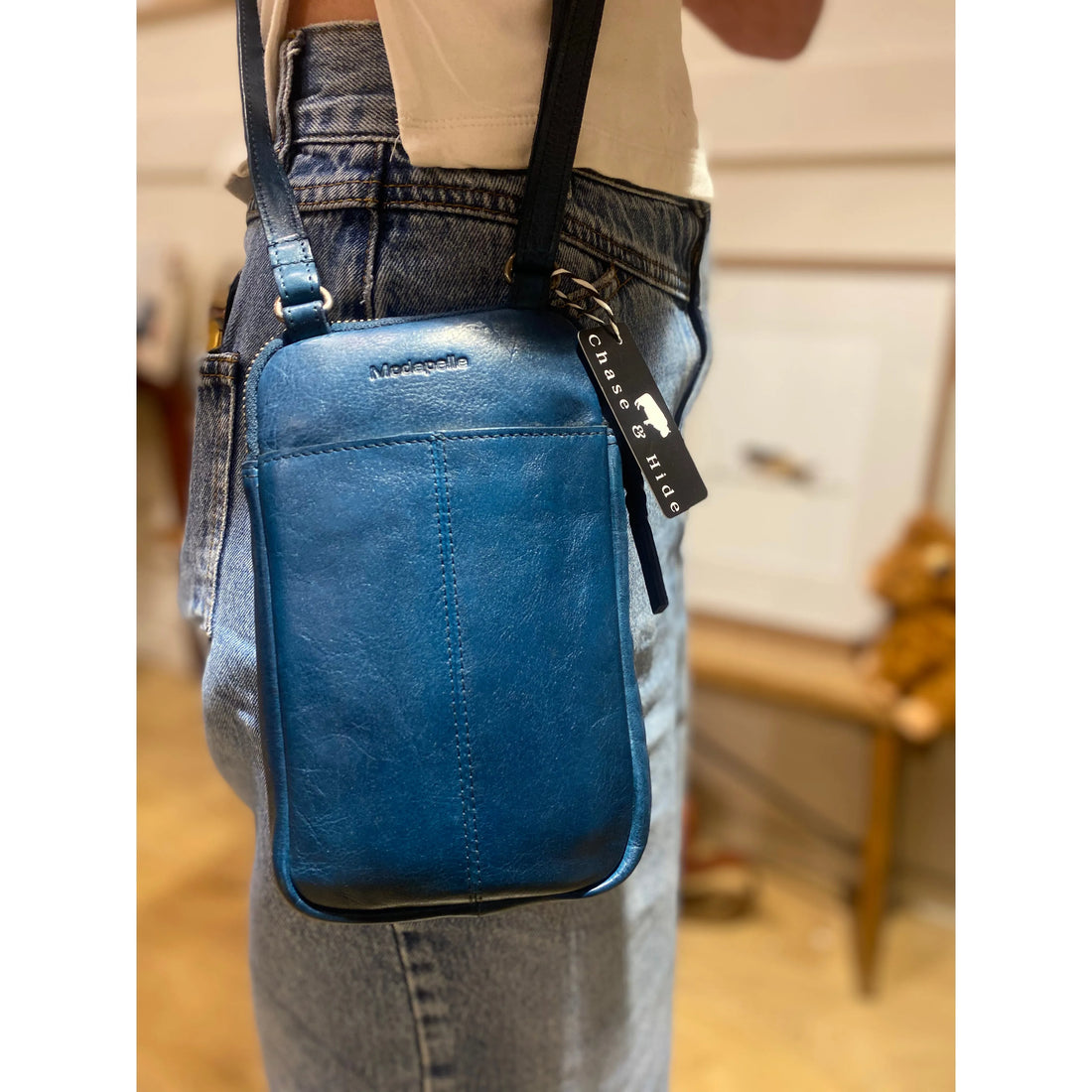 Blue Leather pouch Sling 