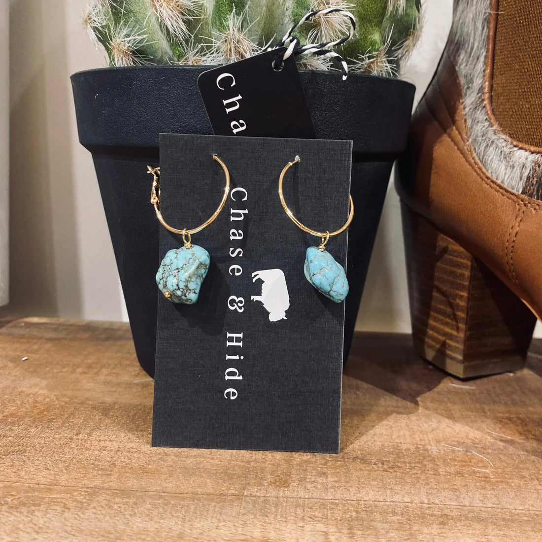 Gold Hoops with Natural Turquoise Stone 