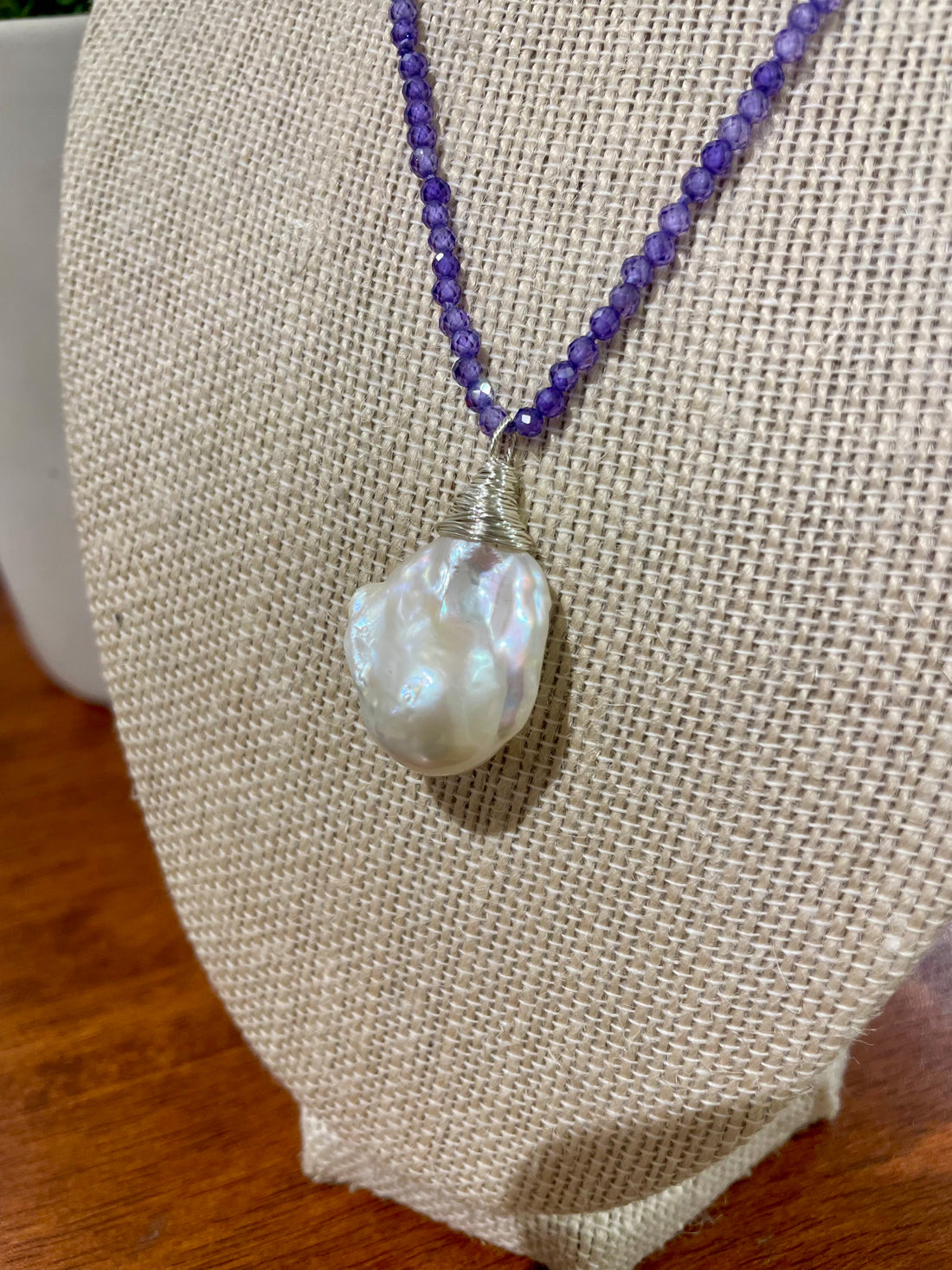 Micro Faceted Zircons Necklace with Lustrous Baroque Pearl 