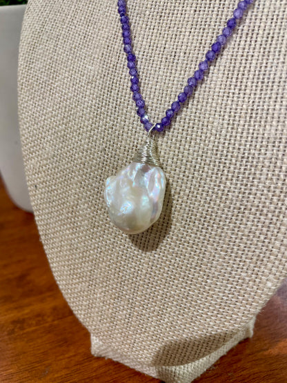 Micro Faceted Zircons Necklace with Lustrous Baroque Pearl 