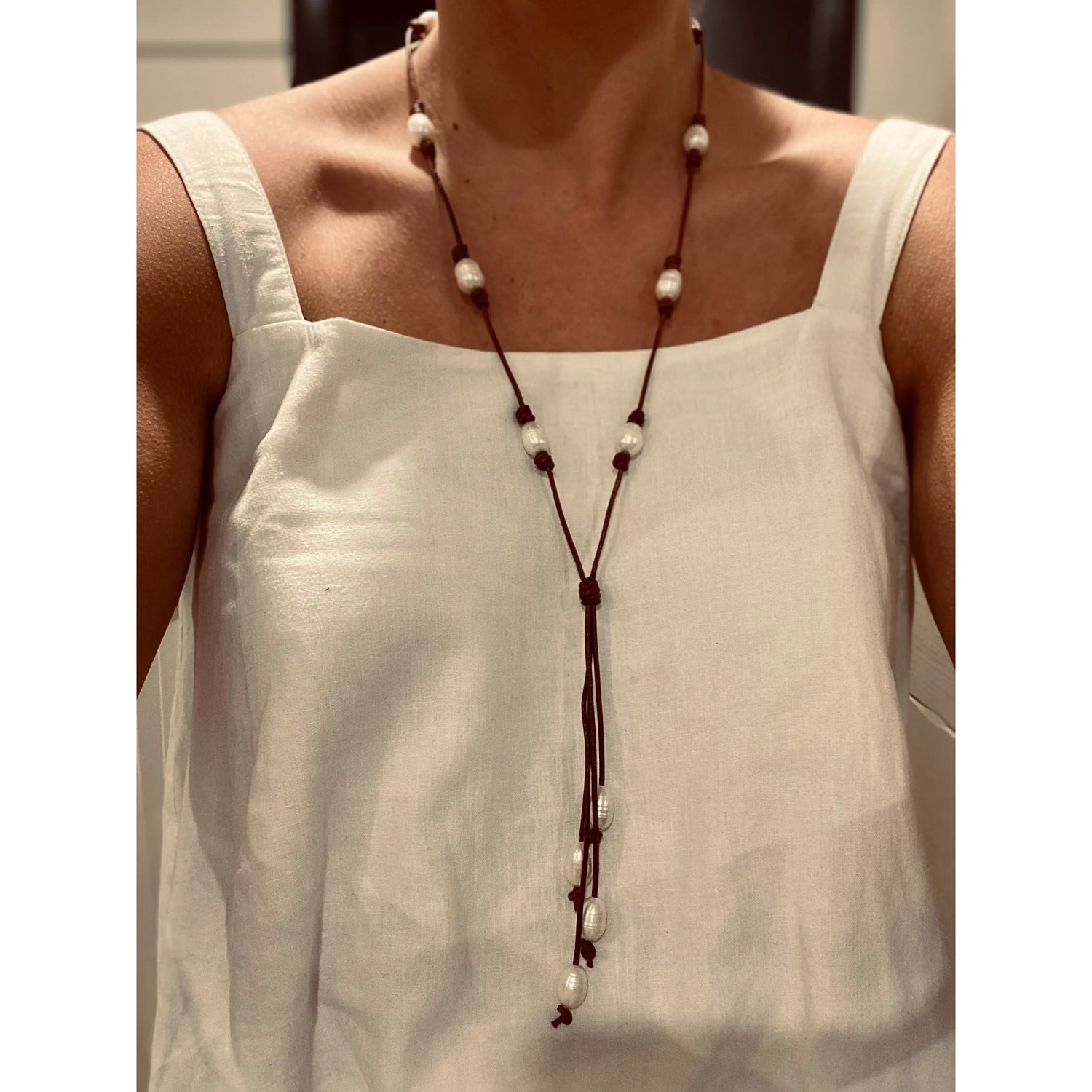 Pearls on Dark Tan Leather necklace 