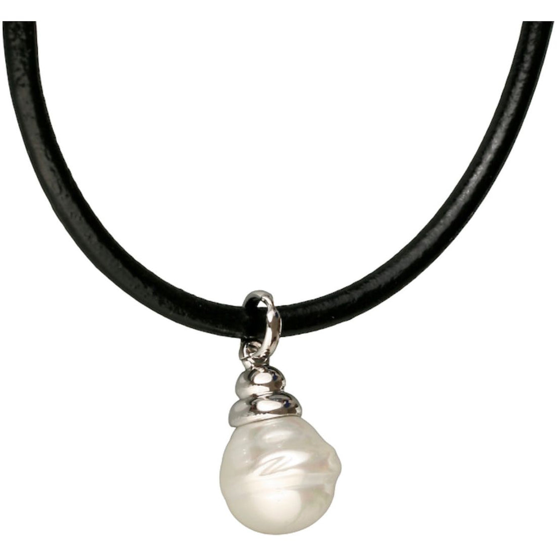 Spanish Faux Pearl displayed on thick leather cord necklace with silver detail