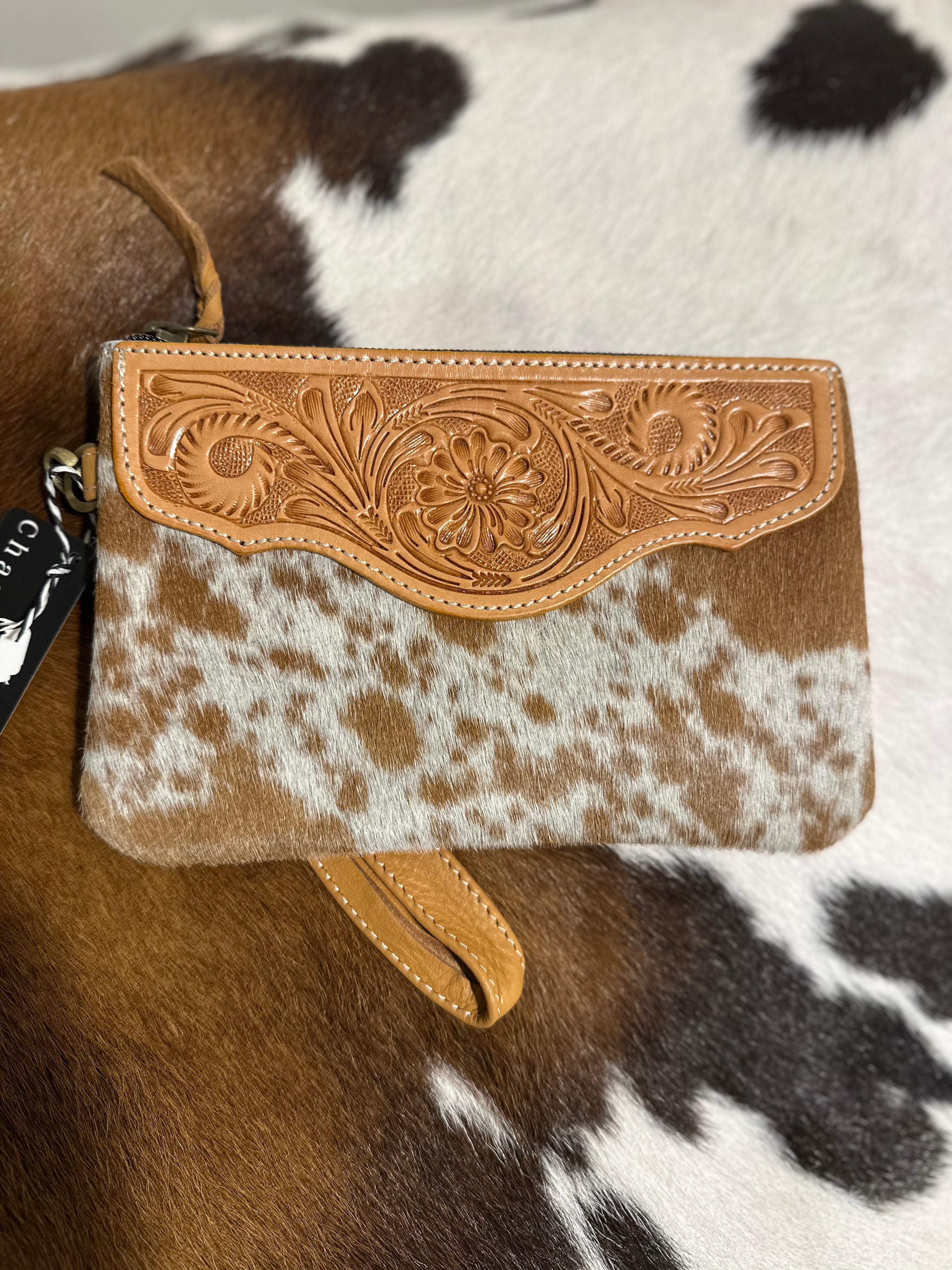 Mia Hide &amp; tooled leather clutch 