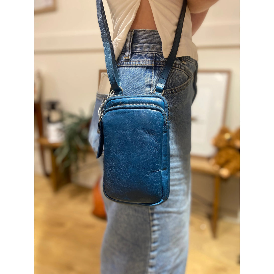Blue Leather pouch Sling 