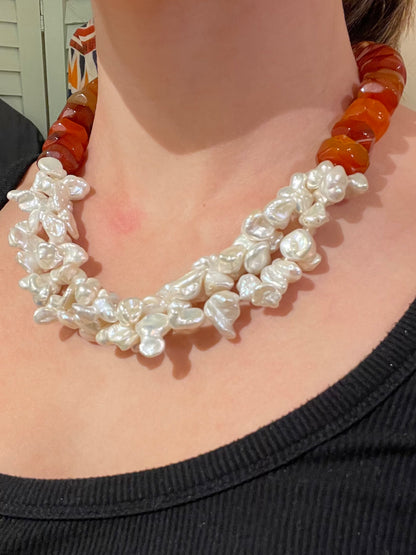 Tangerine Faceted Agate and Freshwater Keshi Pearl Necklace 