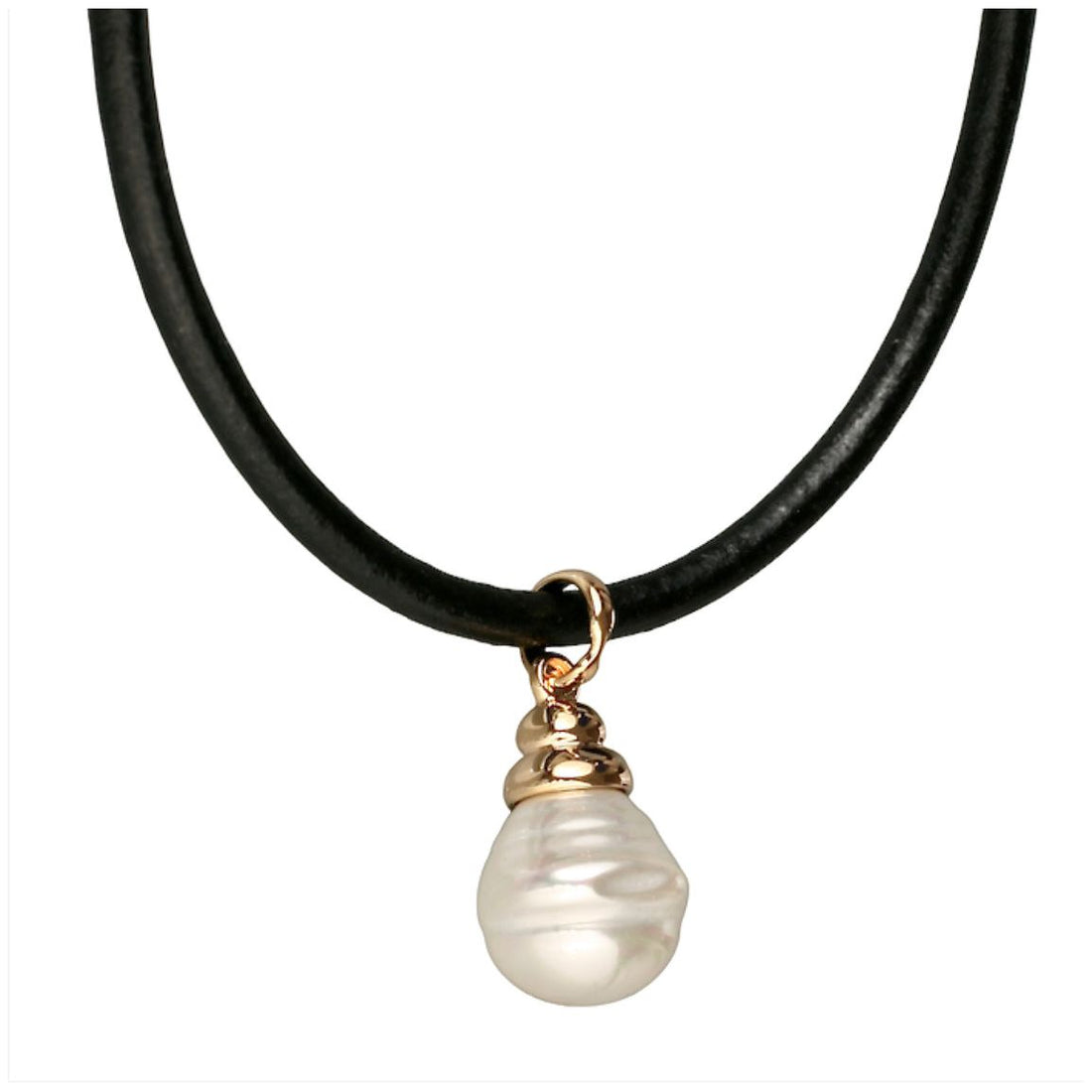 Spanish Pearl displayed on thick leather cord necklace with gold detail
