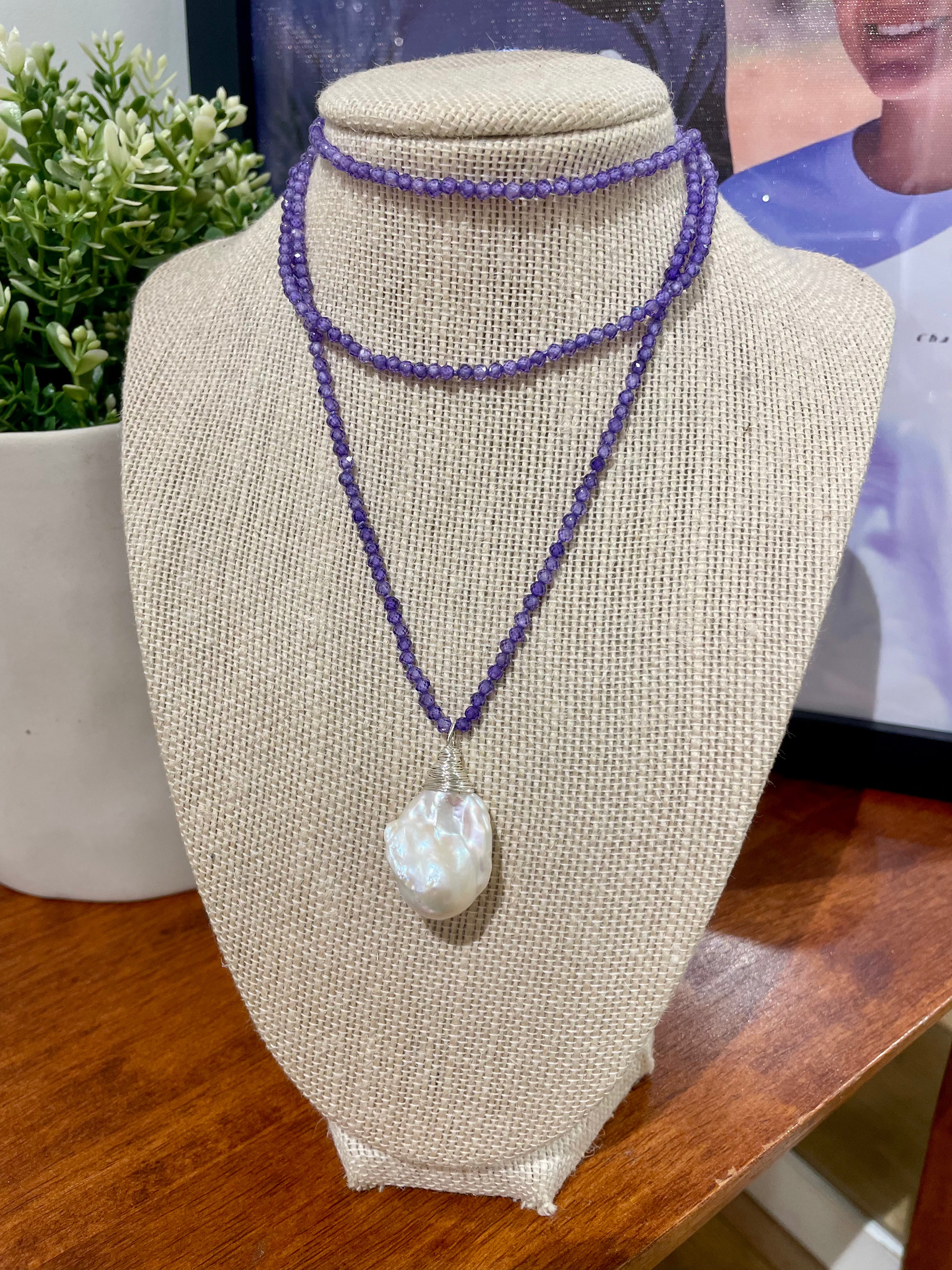 Micro Faceted Zircons Necklace with Lustrous Baroque Pearl 
