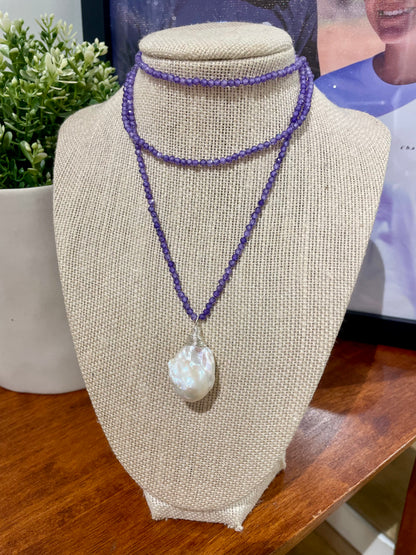 Micro Faceted Zircons Necklace with Lustrous Baroque Pearl 