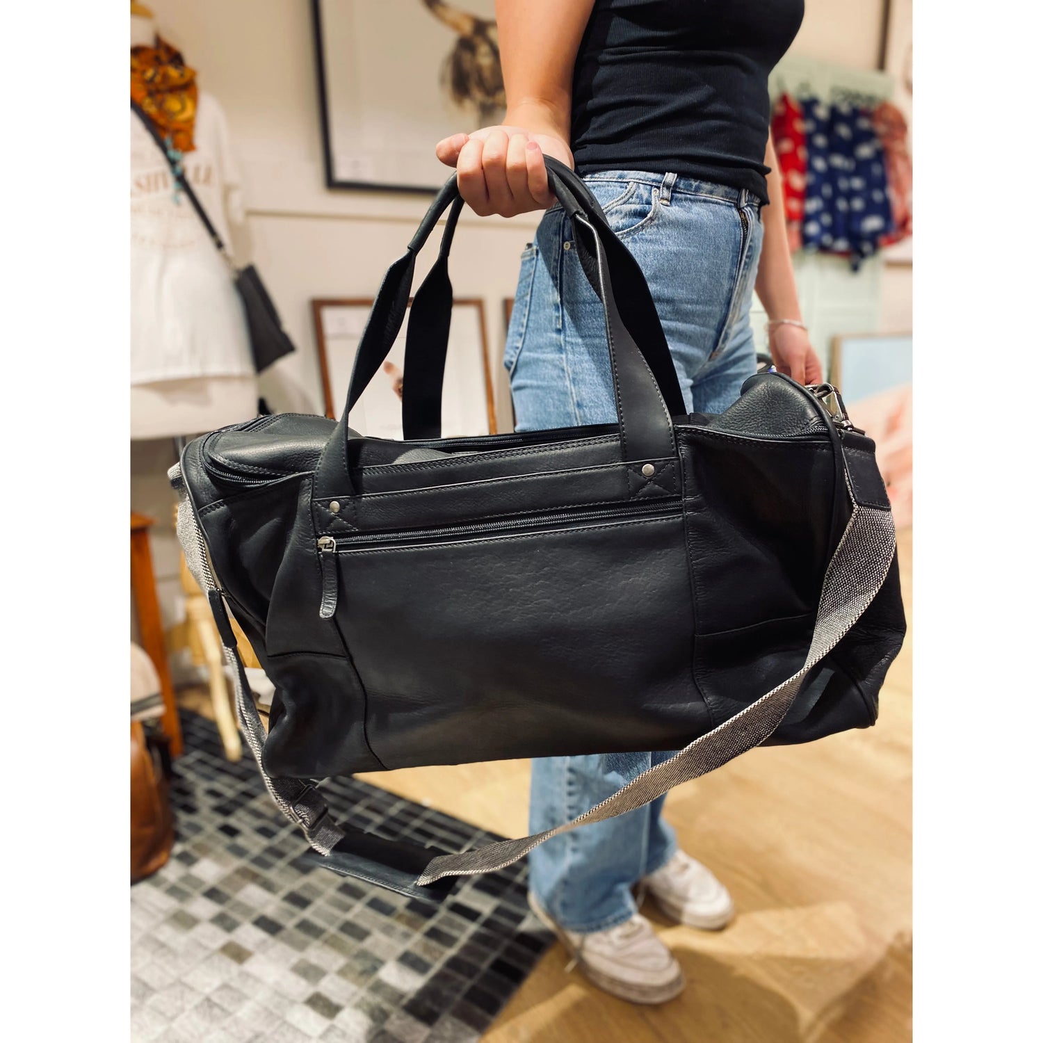 Large Black Leather Travel Bag 